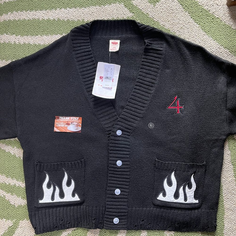 PacSun Stranger Things Flames Cardigan Black White Red Men's NWT